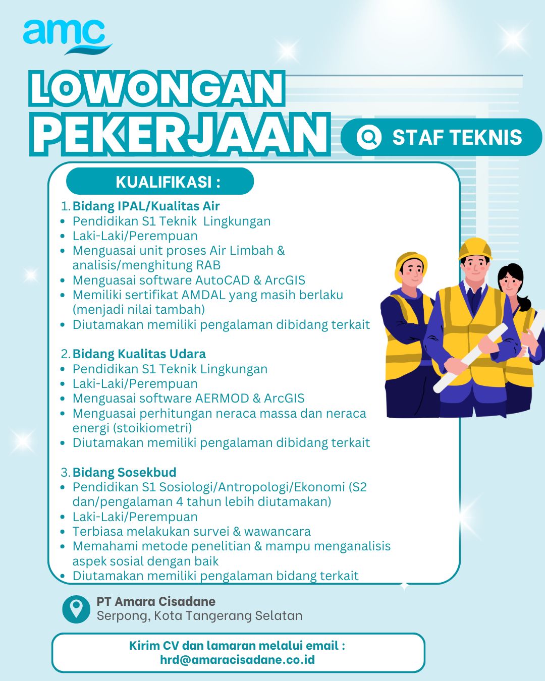 PT. Amara Cisadane membuka kesempatan untuk menempati posisi:
👷‍♂️ Staff Teknis 👷‍♀️

Kesempatan ini terbuka bagi profesional yang memiliki latar belakang teknis, individu yang memiliki ketelitian tinggi, mampu bekerja secara sistematis, dan siap berkontribusi dalam mendukung operasional teknis perusahaan.

📍 Penempatan: Serpong, Kota Tangerang Selatan
📅 Batas akhir pengiriman lamaran: 16 Januari 2026

Detail kualifikasi dapat dilihat pada Flyer berikut.
Jika Anda tertarik, silakan kirimkan CV dan dokumen pendukung ke alamat email tertera : hrd@amaracisadane.co.id

Mari tumbuh bersama #amcteam dalam lingkungan kerja yang profesional dan kolaboratif.

#LowonganKerja #KonsultanLingkungan #StaffTeknis #KarirProfesional #Rekrutmen #KesempatanKarir #Hiring #StaffPenyusun #PenyusunDokumenLingkungan